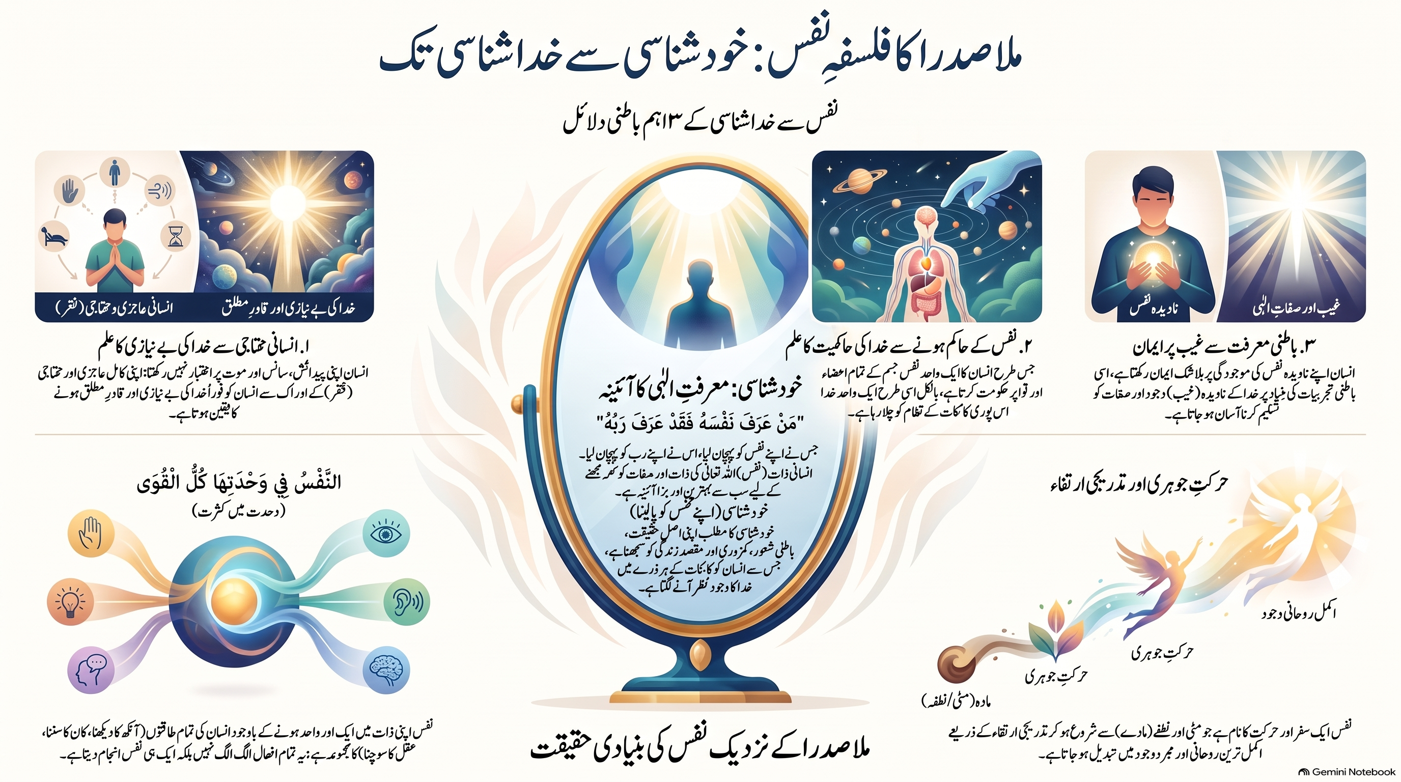 Urdu infographic about Mulla Sadra's philosophy of the self