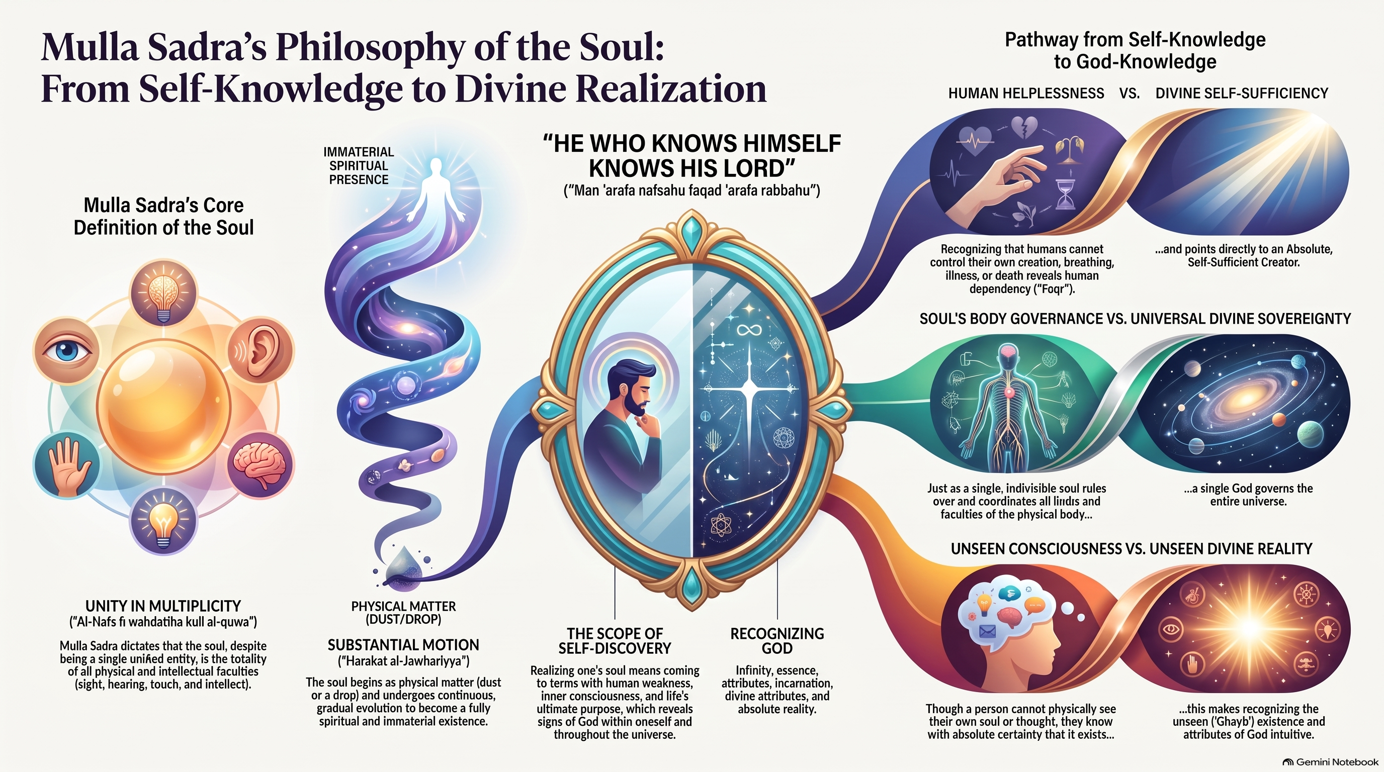 English infographic about Mulla Sadra's philosophy of the soul